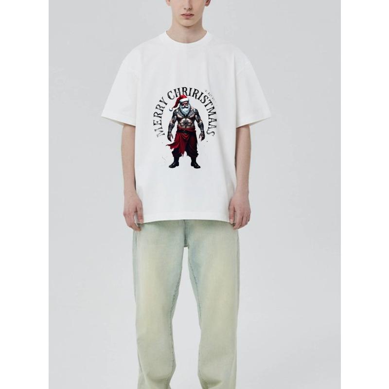 Černé tričko s designem tetování svalnatého Santa Clause a textem Merry Christmas pro sváteční období