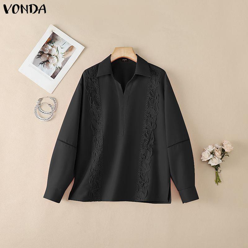 VONDA Women Casual Lapel Neck Crochet Lace Splice Long Sleeve Blouse Shirts M чёрный