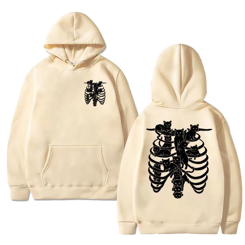 Gothic Harajuku Skeleton Cat Double Sided Printed Hoodies Men Women Fleece Casual Streetwear Pullovers Unisex Vintage Sweatshirt