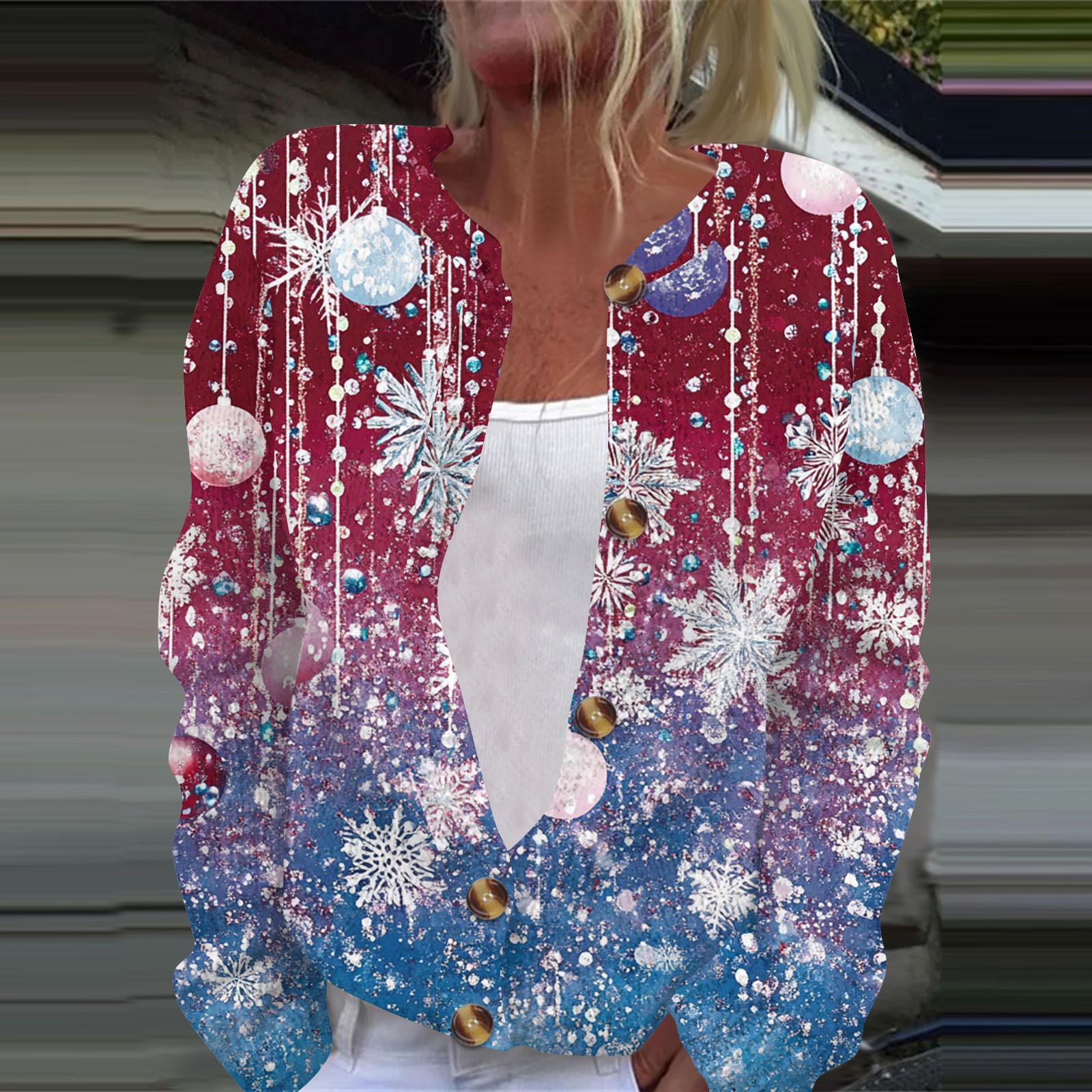 

Женская мода рождественский принт длинный рукав вязаный кардиган пуховик M