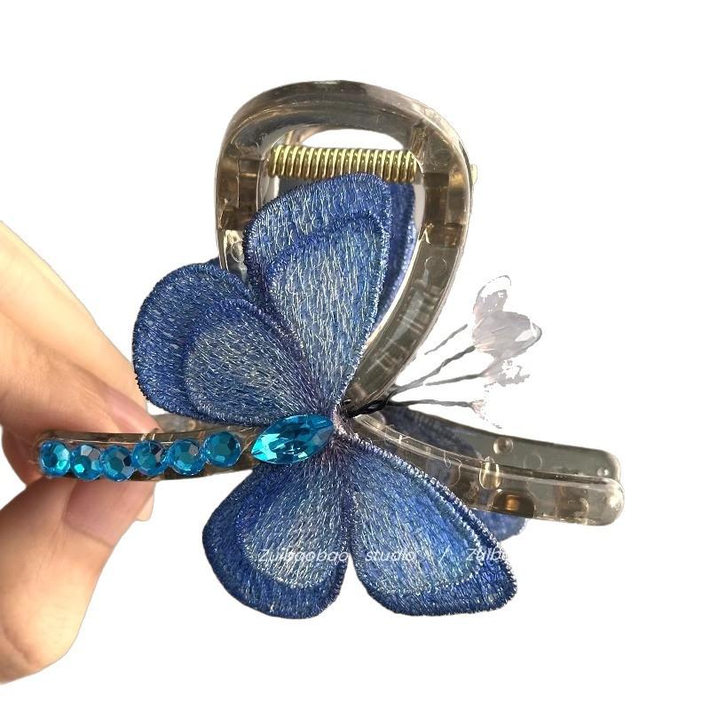 Spring Butterfly Temperament Retro Style Embroidered Butterfly Grip Clip At The Back of The Head Half Tied Shark Clip Hair Accessories Travel Hairpin