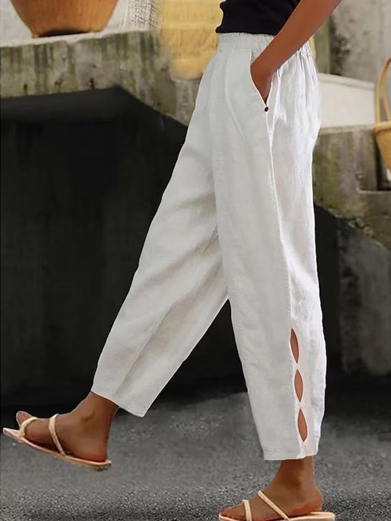 Spring Autumn New Women's Cotton Linen Solid Color Fashion Casual Daily Side Pocket Pants Hollow Button Long Pants