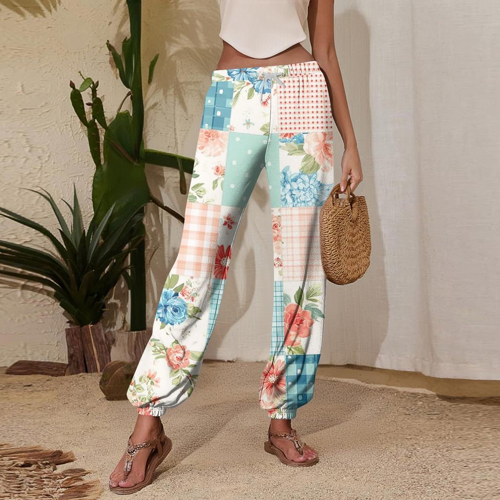 Women's Casual Patchwork Print Jogger Sweatpants with Drawstring Elastic Waist and Cuffed Leg