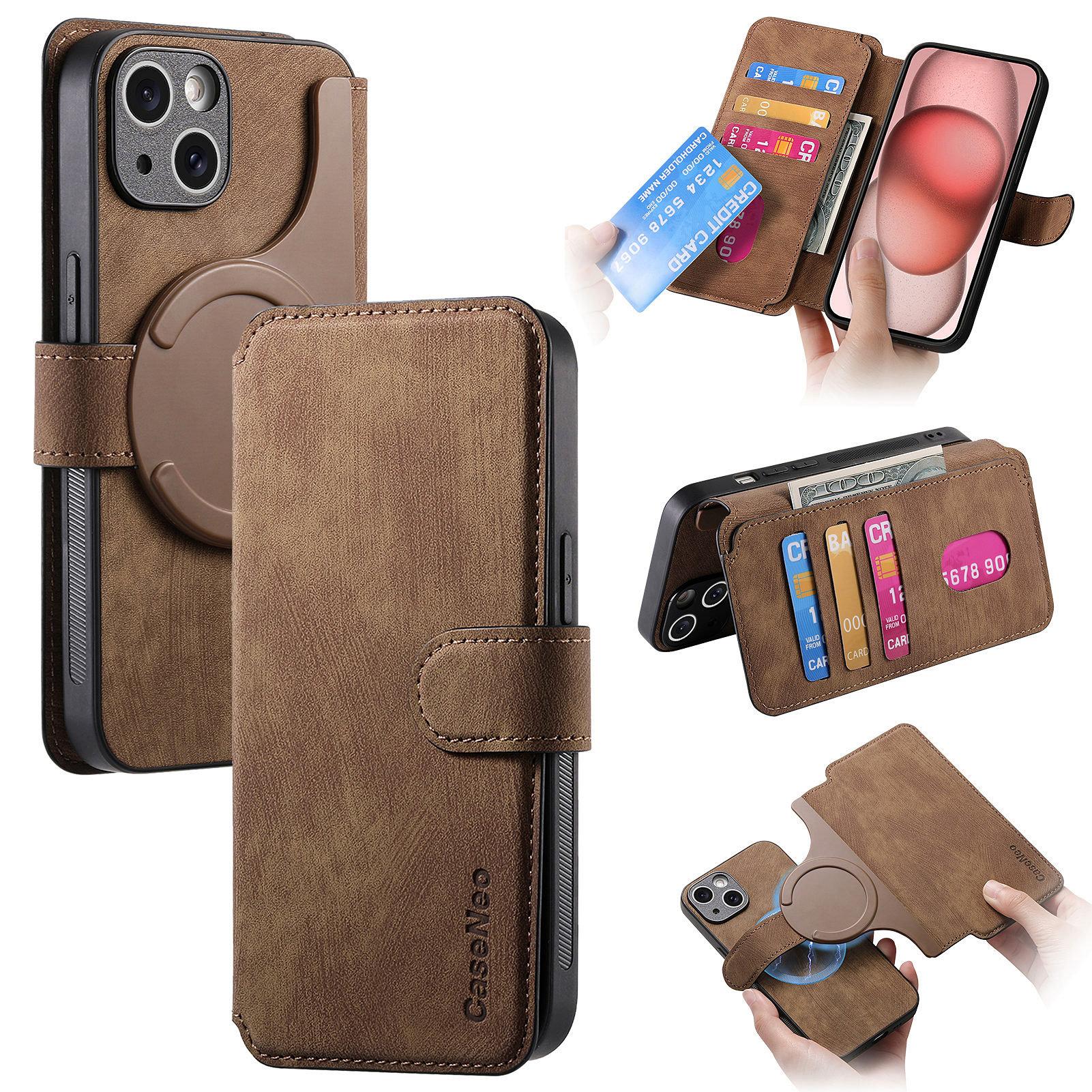

CASENEO MW-03 For iPhone 14 Plus Case with Detachable Wallet Leather+TPU Phone Cover Brown