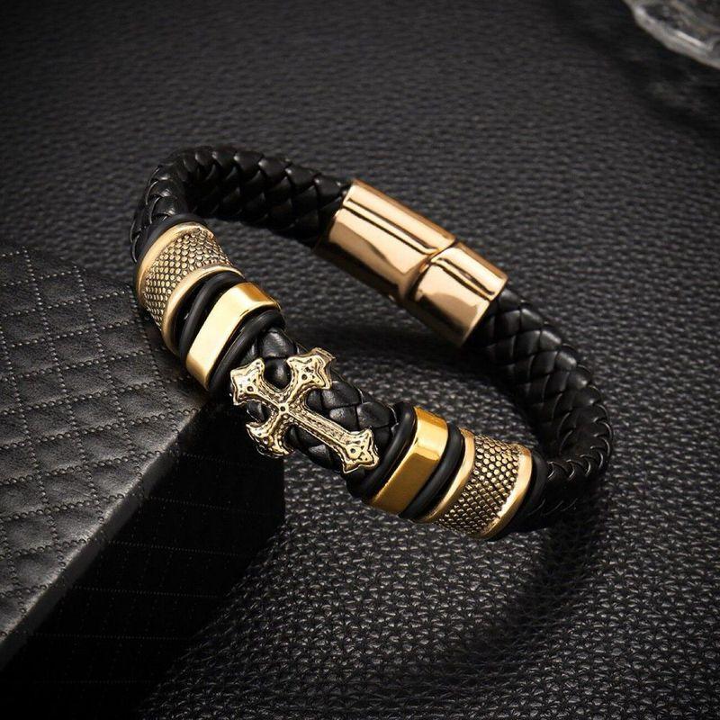 

Fashion New arrival Stylish Retro multi-layer leather bracelet Fashion Trendy Men magnetic buckle commemorative gift jewelry bracelet Gold, Size M, Fits Wrists Measuring 15-18.5cm