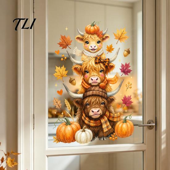 Autumn Theme Room Decor Highland Cow Window Clings, Cute Pumpkin Maple Leaves Static Party Supplies Stickers, Waterproof PVC Decals for