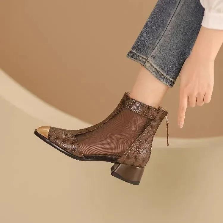 2025 British Wind High Heel Mesh Thin Women's Boots Soft Leather Thick Sole Thick Heel Mesh Hollow Ankle Boots