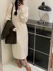 Autumn and winter lazy style thin V-neck pullover sweater loose casual temperament solid color long-sleeved knitted dress
