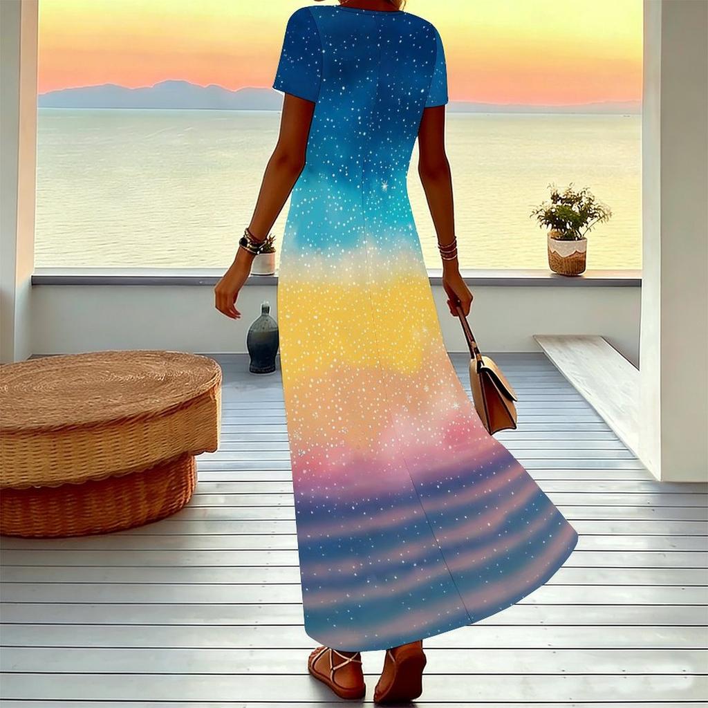 Women Plus Size V Neck Short Sleeve Maxi Dress Black White Tie Dye Stripe Print Loose Long Dress