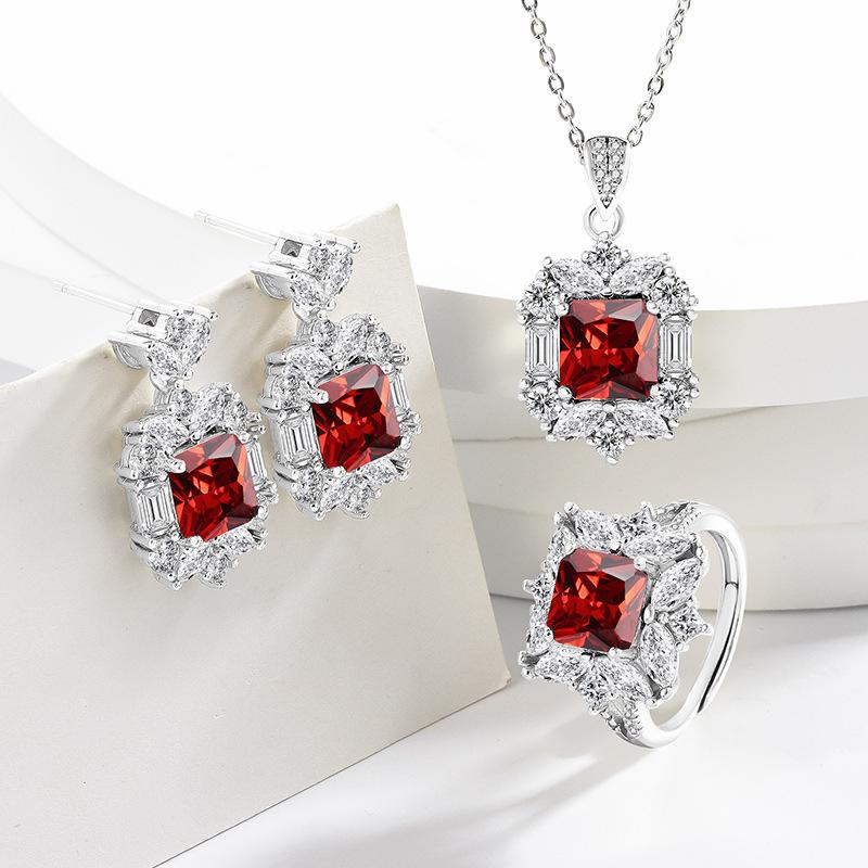 Pigeon Blood Ruby Ring Women s Earrings Necklace Jewelry Accessories Bridal Set Ring Size:Adjustable