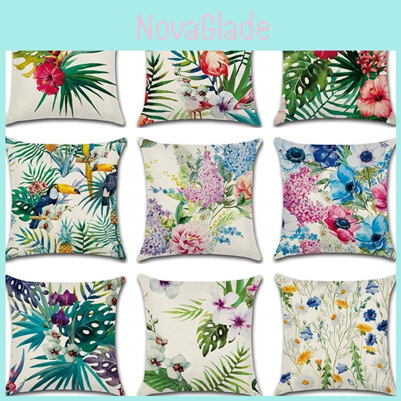 Premium 18'' Green Tropical Plant Cotton Linen Sofa Pillow Case For Home Elegance
