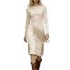 Women's Color Suede Retro Western Round Neck Slim Fit Long Sleeved Fringe Dress