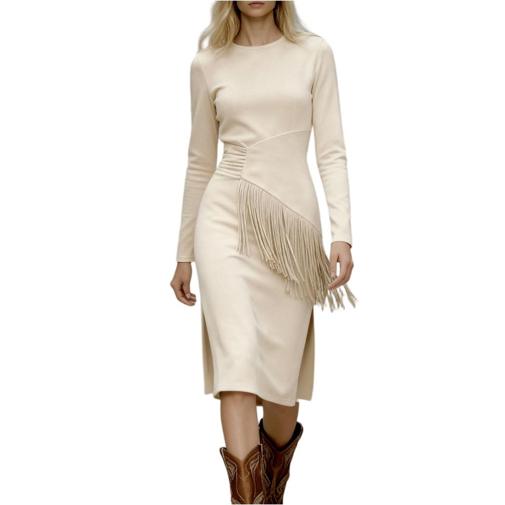 Women's Color Suede Retro Western Round Neck Slim Fit Long Sleeved Fringe Dress