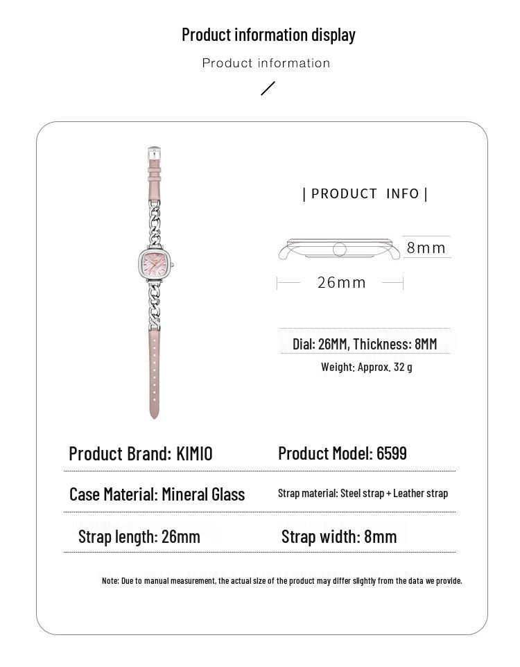 Jinmiou Women's Exquisite Mother-of-Pearl Square Leather Watch, Waterproof and Elegant for Daily Wear.
