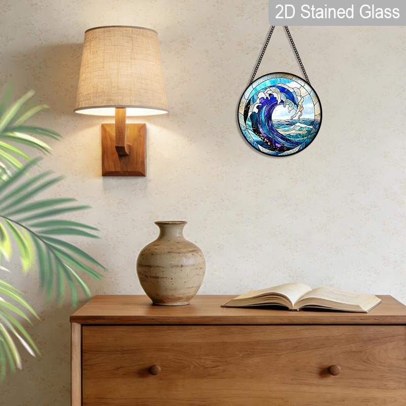 2D Flat Stained Glass Blue Waves Window Decoration, 7.87inches Turbulent Seas Design Colored Glass Plate with Chain, Charming Spring Summer Sun
