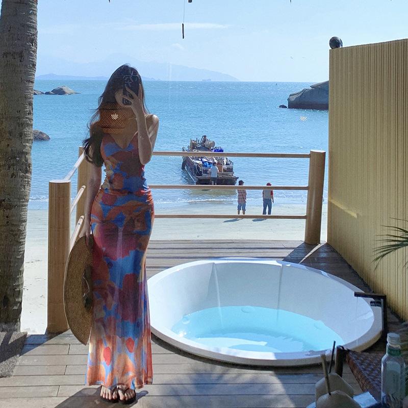 Pure Desire Style Print Slim-fit Hip-wrapped Backless Suspender Dress Women's Bohemian Seaside Vacation Beach Dress