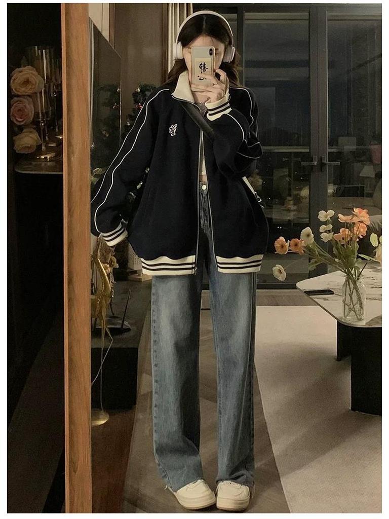 Women's Spring/Autumn Baseball-Style Stand-up Collar Jacket - Casual, Loose College Style Cardigan for Couples.