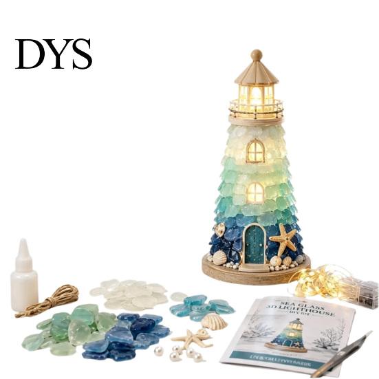 Coastal Inspired Ornaments Sea Glass Lighthouse DIY Kit, 3D Light Up Fragment Art Supplies Craft Lighted Ornament for Adults, Home Table Decoration