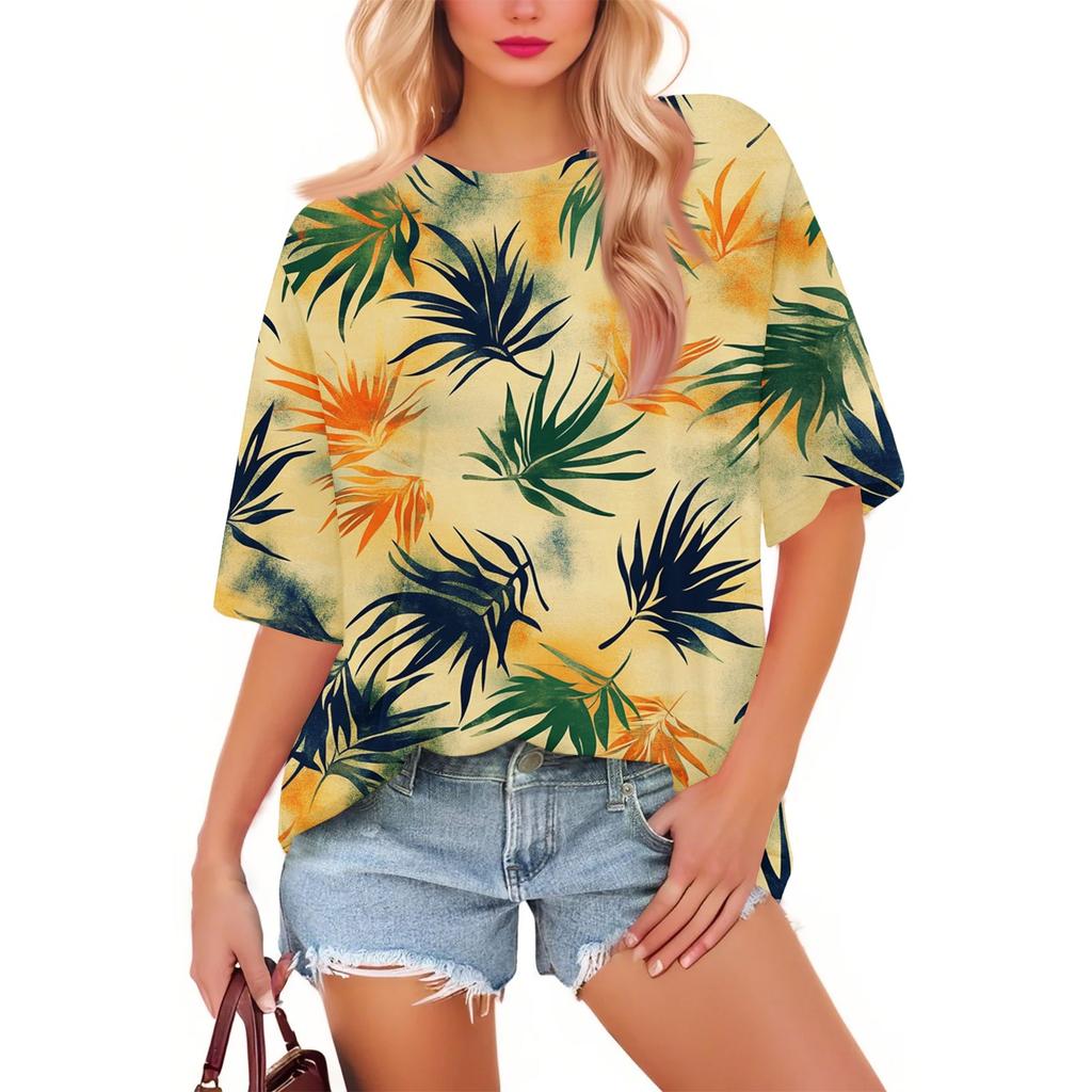 Women's Fashion Casual Floral Loose Round Neck Short Sleeve Trendy Holiday T-shirt Top