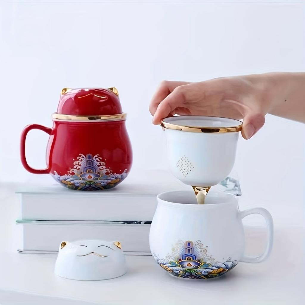 Set, Chinese Fortune Cat Tea Mug with Travel Bag, Ceramic Tea Cup with Infuser and Lid, Portable Drinkware