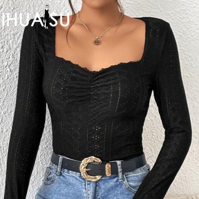 IHUASU Women's Sweetheart Neck Embroidered Eyelet Pleated Bust Lace Embellished T-Shirt