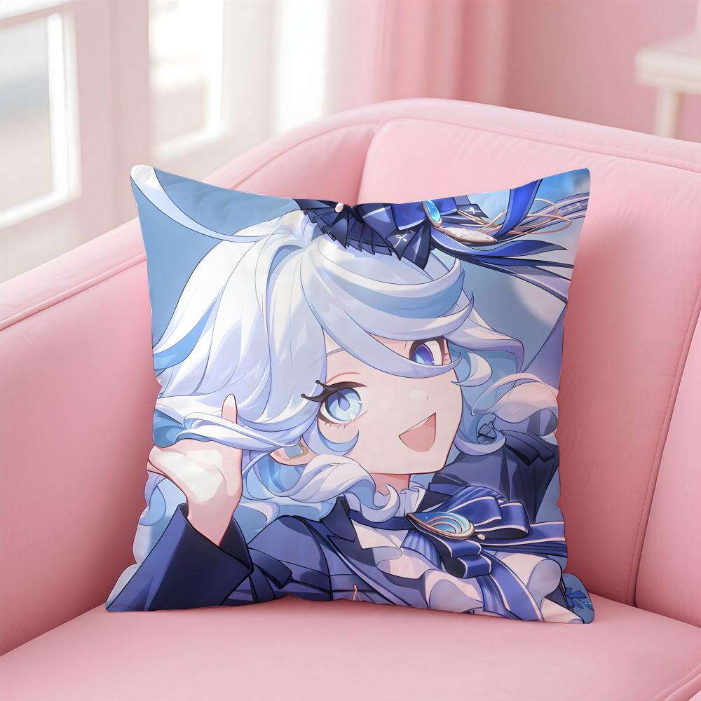 PProject Genshin Impact FFurina Icon Cushion Cover Pillowcase Short Plush Invisible Zipper Room Sofa Cushion Cover