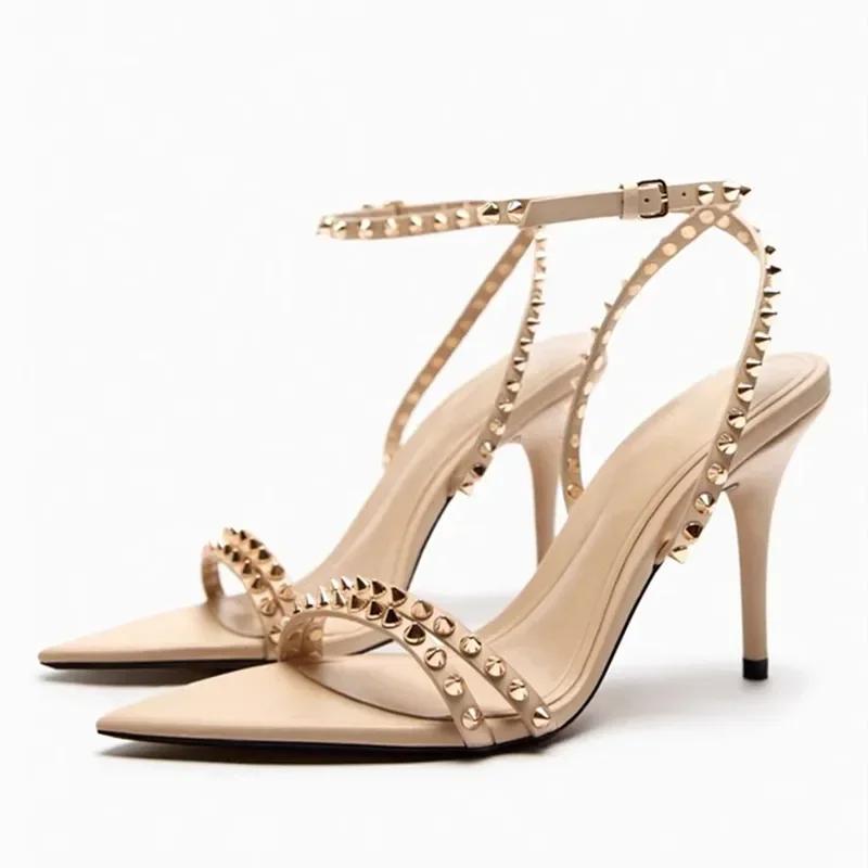 Fashion Luxury Designer Rivet Embellished Thin Heeled Sandals Women Summer Sexy Pointed Toe Ankle Strap High Heels Elegant Party Shoes