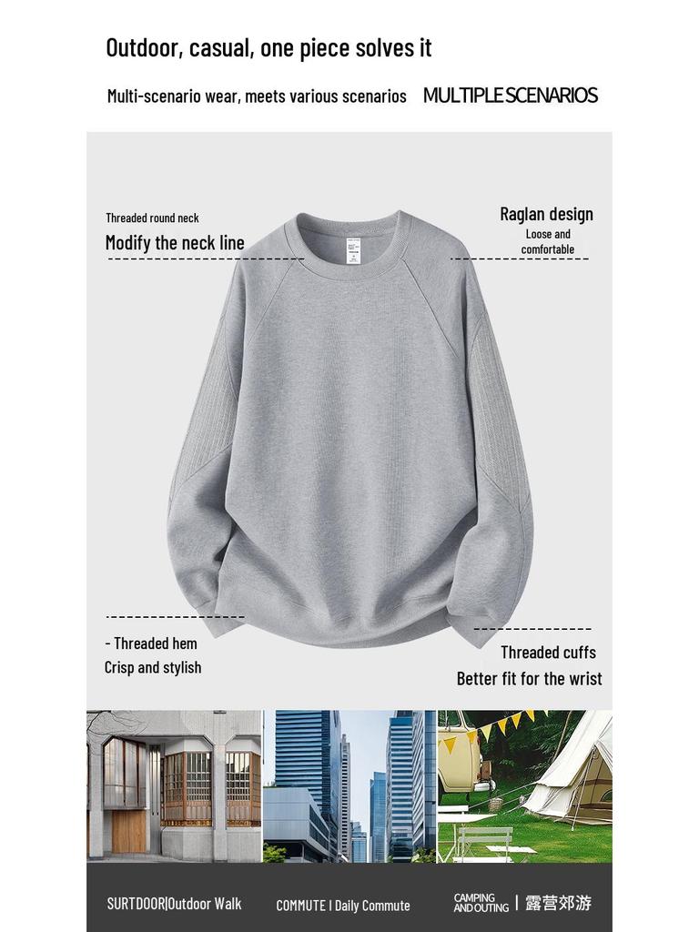 Men's Heavyweight Patchwork Raglan Hoodie: Autumn/Winter Round Neck Casual Layer Top (340G)