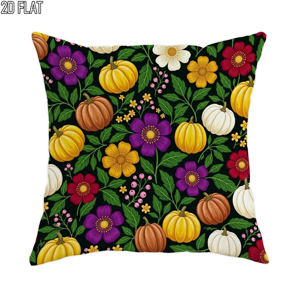 1pc 2D Flat Throw Pillow Covers Autumn Harvest Pumpkin Floral Bohemian Yellow Purple Red Soft Velvet Washable Pattern Pillow Covers for Living Room Be
