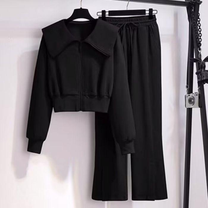 

«Модный серый костюм-двойка 2024 года для женщин — повседневная модная спортивная одежда для весны и осени» M чёрный