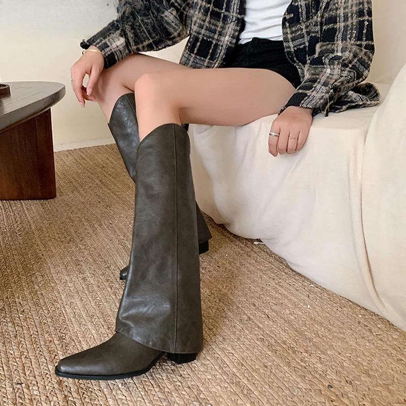 Fashion Autumn Winter Vintage Woman Knee High Boots Shoes Square Heels Ladies Shoes Concise Slip On Trouser Legs Long Botas