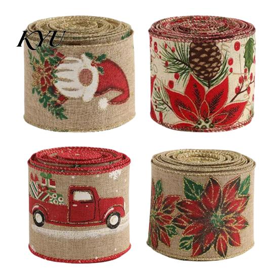 Vintage Style Christmas Ribbon 1 Roll Burlap for Gift Wrapping Tree Decor, Patterned Rustic Holiday Craft Imitation Linen Wired Fabric DIY Crafts And