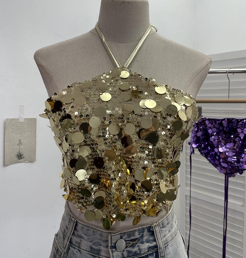 Halter Crop Top with Sequins and Open Back (Style 1083)
