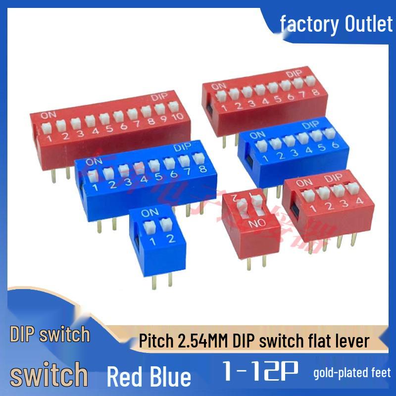 2.54MM Red/Blue DIP Switch, 1-10 Positions, Through-Hole Flat Actuator