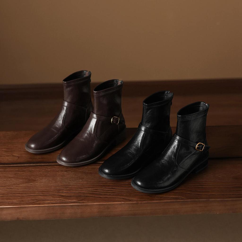 Krazing Pot Microfiber Winter Round Toe Western Boots Med Heels Zipper Women Metal Buckle British School Ankle Boots