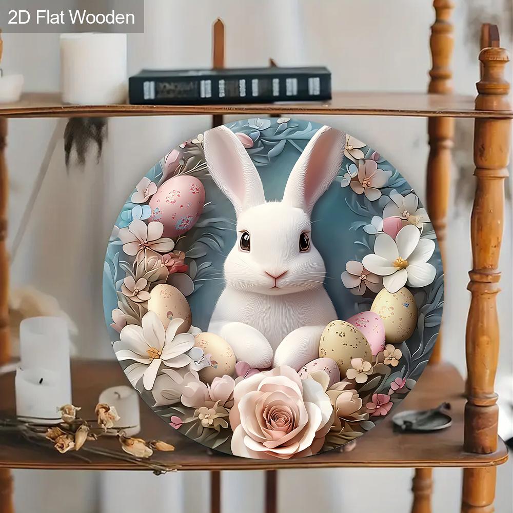 2D Flat 1pc Easter “Rabbit Flower” Logo Wooden Round Hanging Decoration, Spring Garden Balcony Ornament, Indoor/Outdoor Statue Wall Hanging, Country