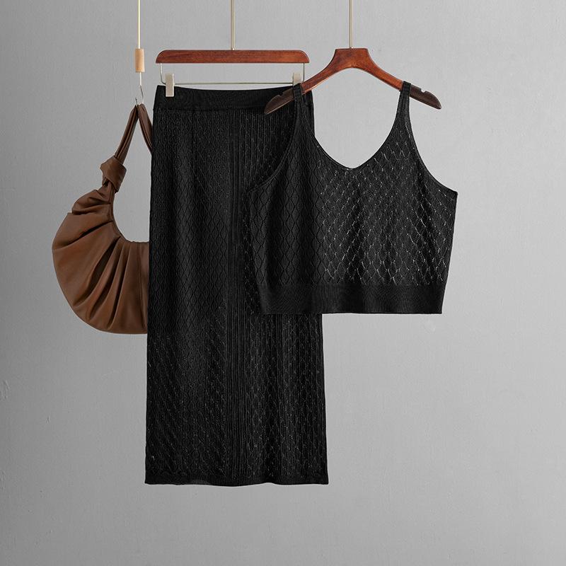 

Summer new hollow short suspender knitted suit, skirt casual two-piece set one size fits all чёрный