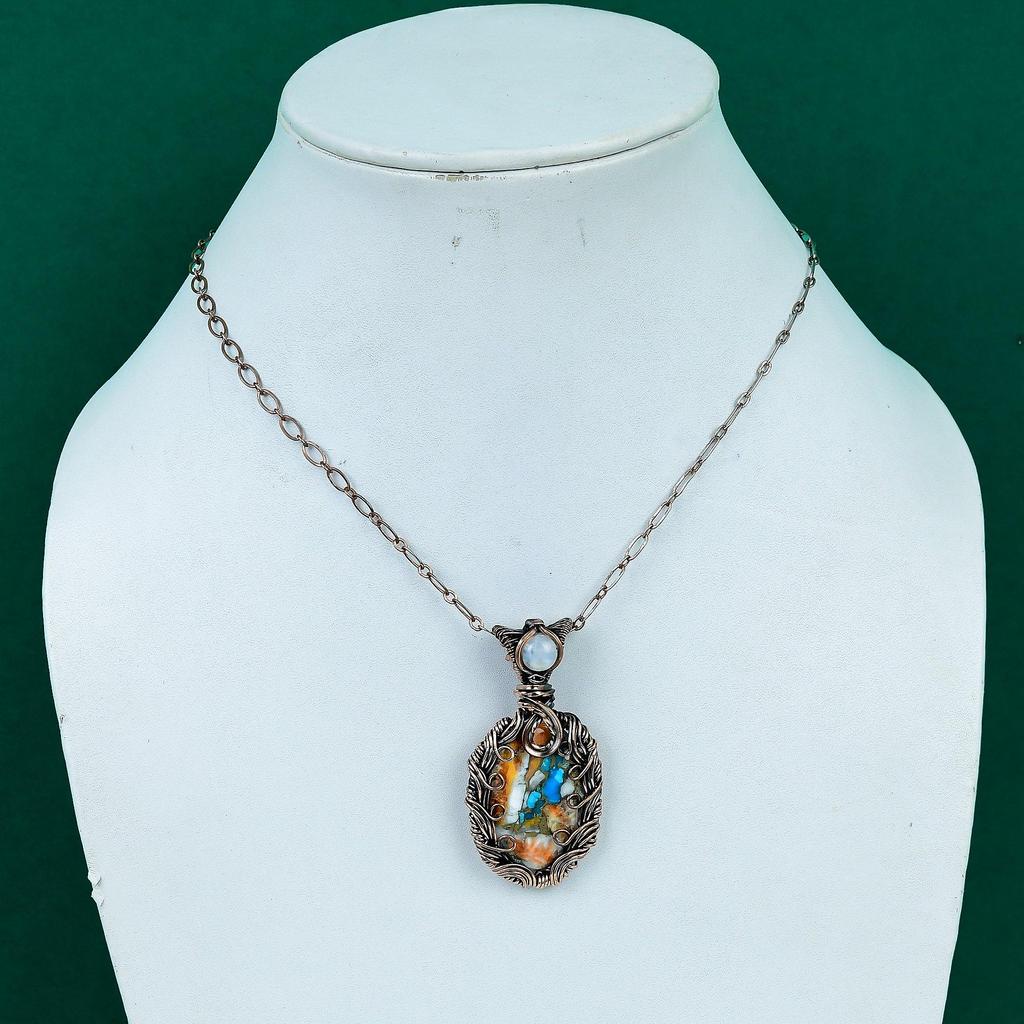 spiny oyster turquoise copper pendant handmade jewelry wire wrapped pendant gemstone jewelry rainbow moonstone pendant gift for father