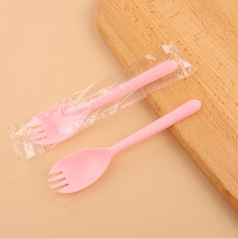 Handun Disposable Pink Long-Handled Plastic Spoon & Fork Set, 800 Count