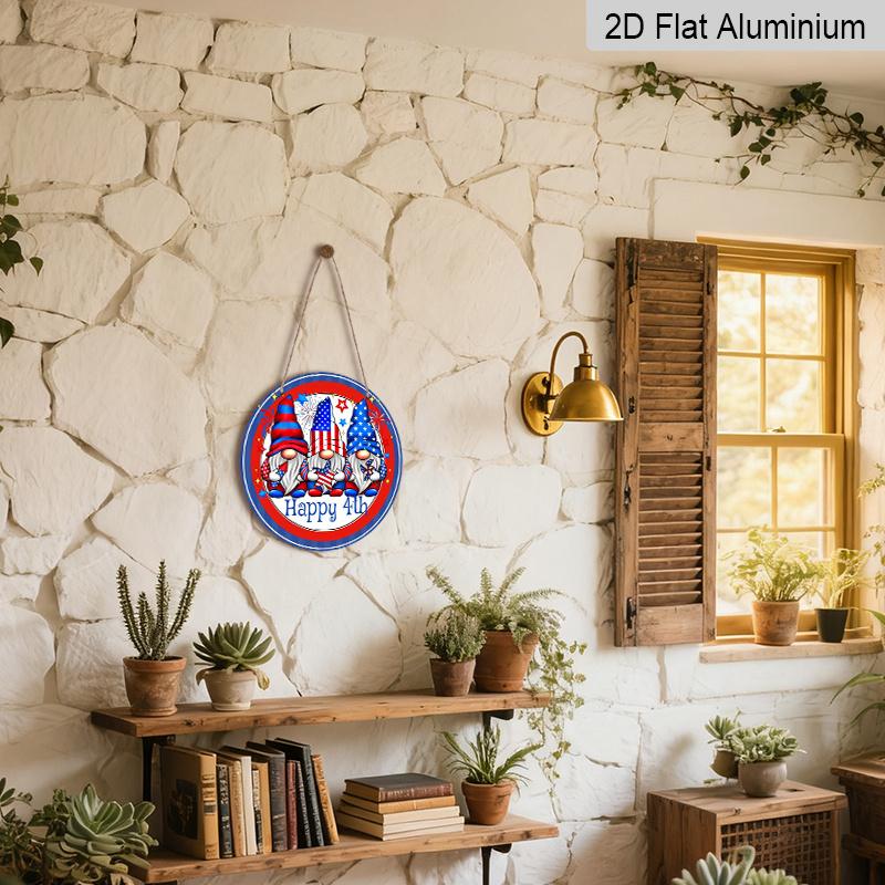 2D Flat, 1pc Round Aluminum "Happy 4th" Patriotic Gnome Sign, 4th of July American Flag Gnomes Metal Plaque, Cute Firework Design, Perfect for