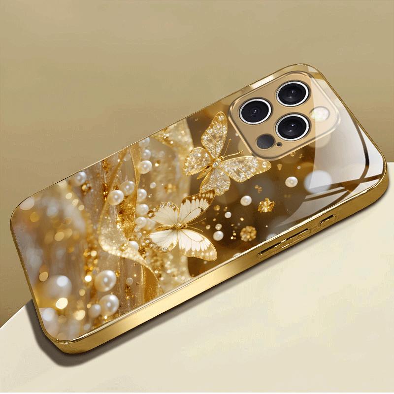 Luxury Golden Rhinestone‑Butterfly Pearl Electroplated Phone Case for iPhone 17 16 15 14 13 12 11 Pro Max XS XR 7 8 Plus 16E