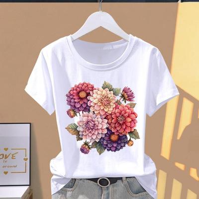 (Asian Size)  Fashion Print Short Sleeve T-shirts Clothing T Female Lovely Plant Flower Casual Women's Top Graphic Tee