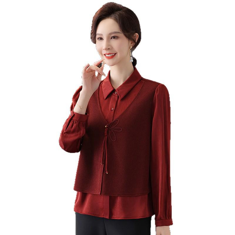 Women's Fashion Splicing Long Sleeve Two-Piece Shirt - Spring 2025 Collection for Middle-Aged Mothers