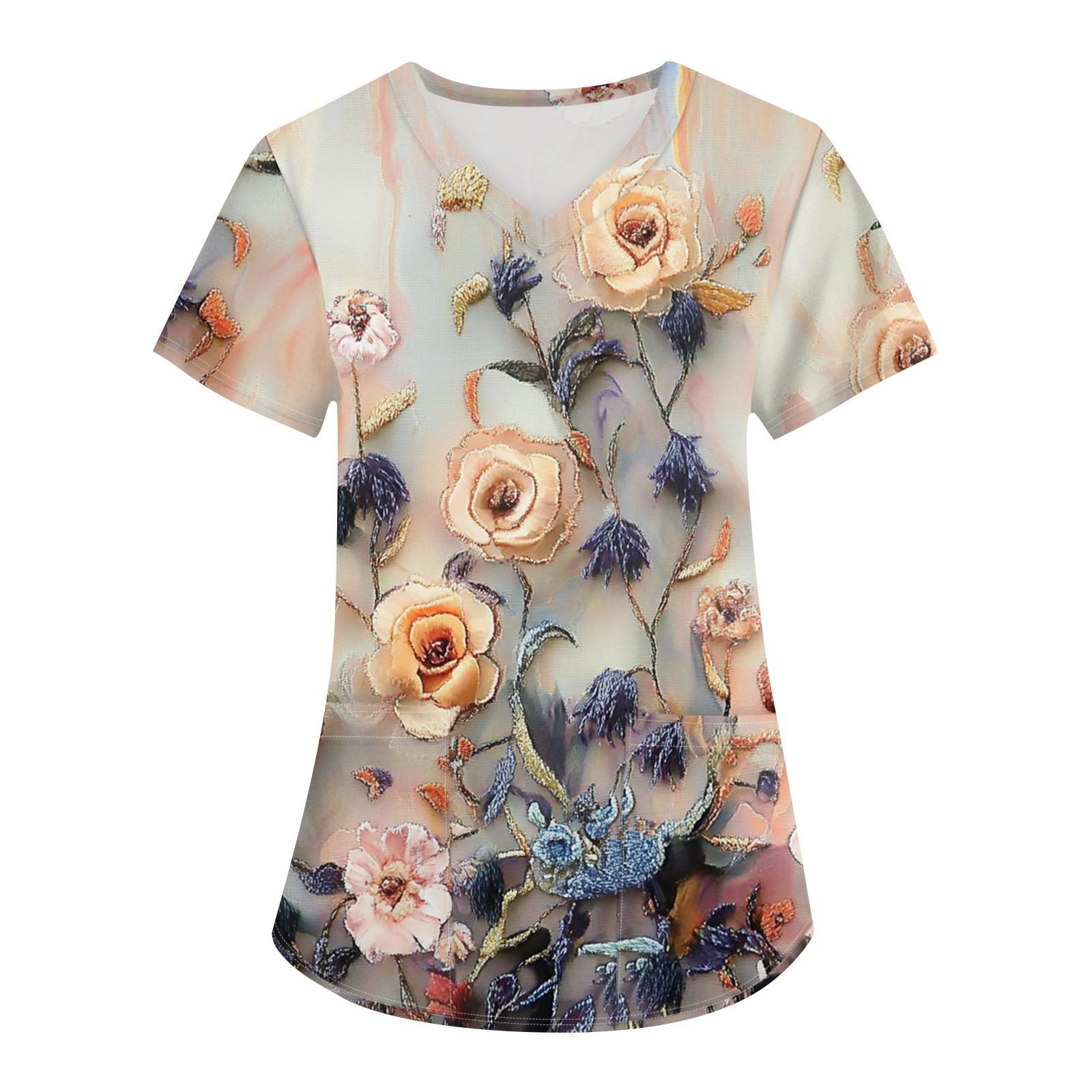 

Женская мода с v-образным вырезом, короткими рукавами и карманами, топы с принтом L бежевый