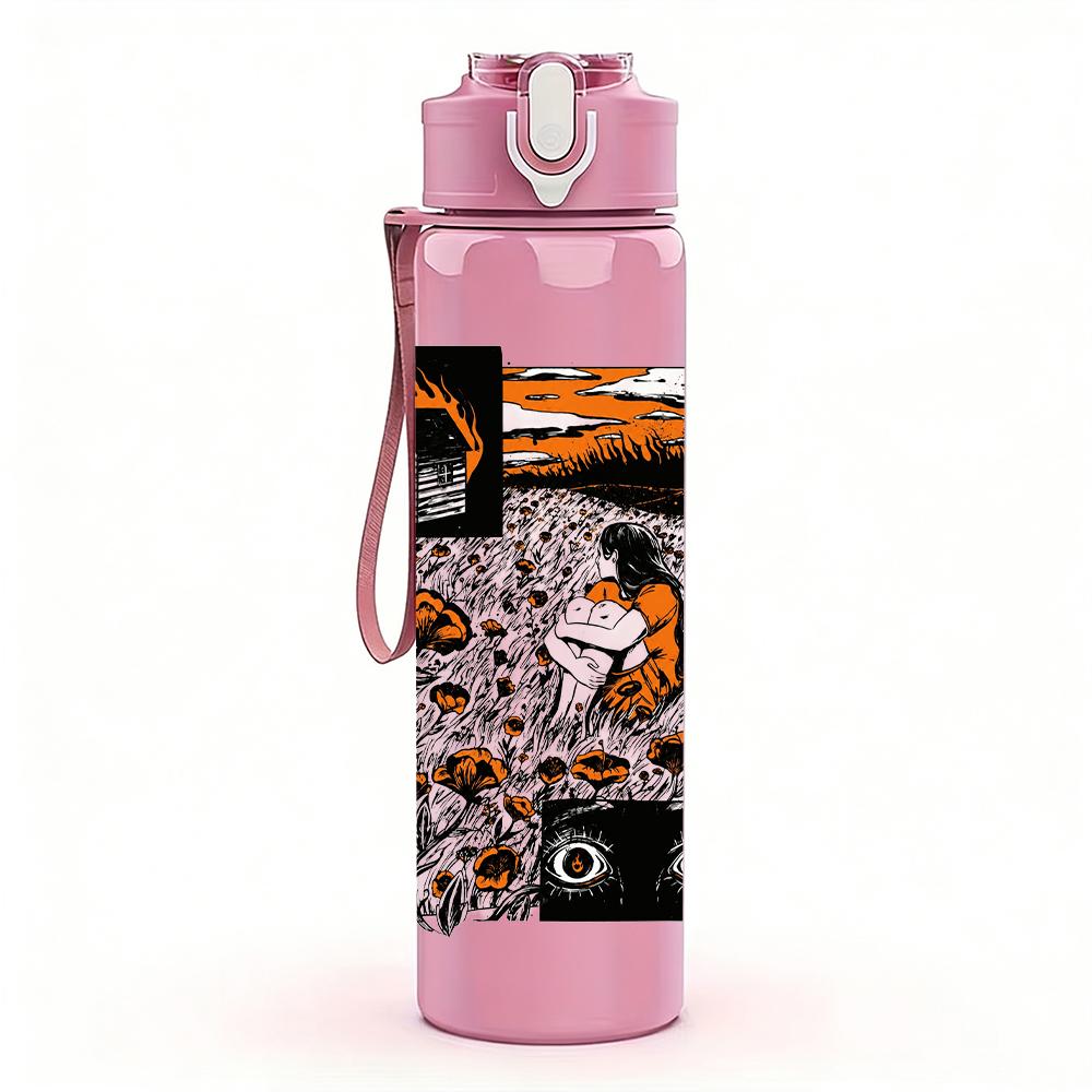 1PC Multi Color Chaotic Band Square Print 750ml Colorful Plastic Sports Water Bottle Leakproof Pop Up Lid with Straw for Outdoor Work Home Use