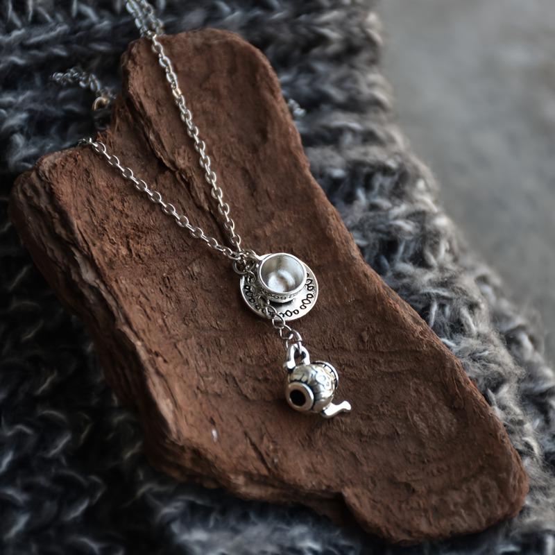 Retro Coffee & Tea Cup Pendant Necklace - Unique Sweater Chain Accessory
