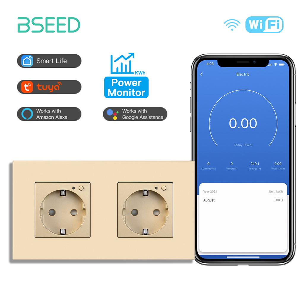BSEED EU Smart Wifi Control Power Monitor Sockets 16A 110V-250V Power Wall Sockets Plastic Flame Support For Tuya Google Alexa