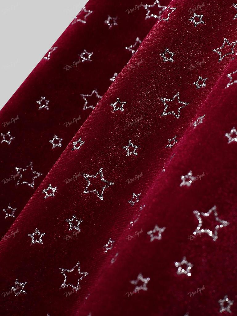 Rosegal, Übergröße, weihnachtliches Glitzer-Pentagramm-Prägung, Schnürung, flauschiger Besatz, gerüschtes High-Low-Trägershirt aus Samt, Partykleid