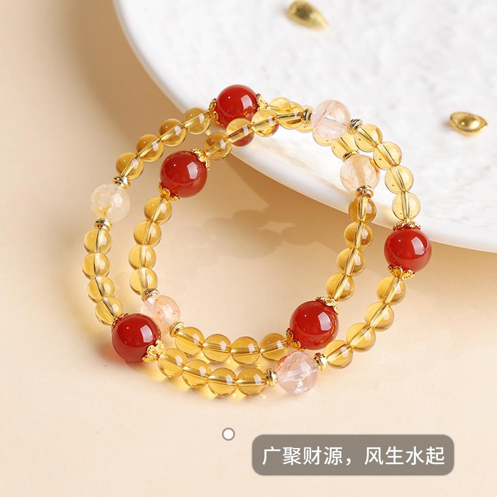 Lucky Yellow Crystal Double Circle Bracelet for Women, New Chinese Style Red Agate High-End Beaded Versatile Crystal Bracelet Jewelry