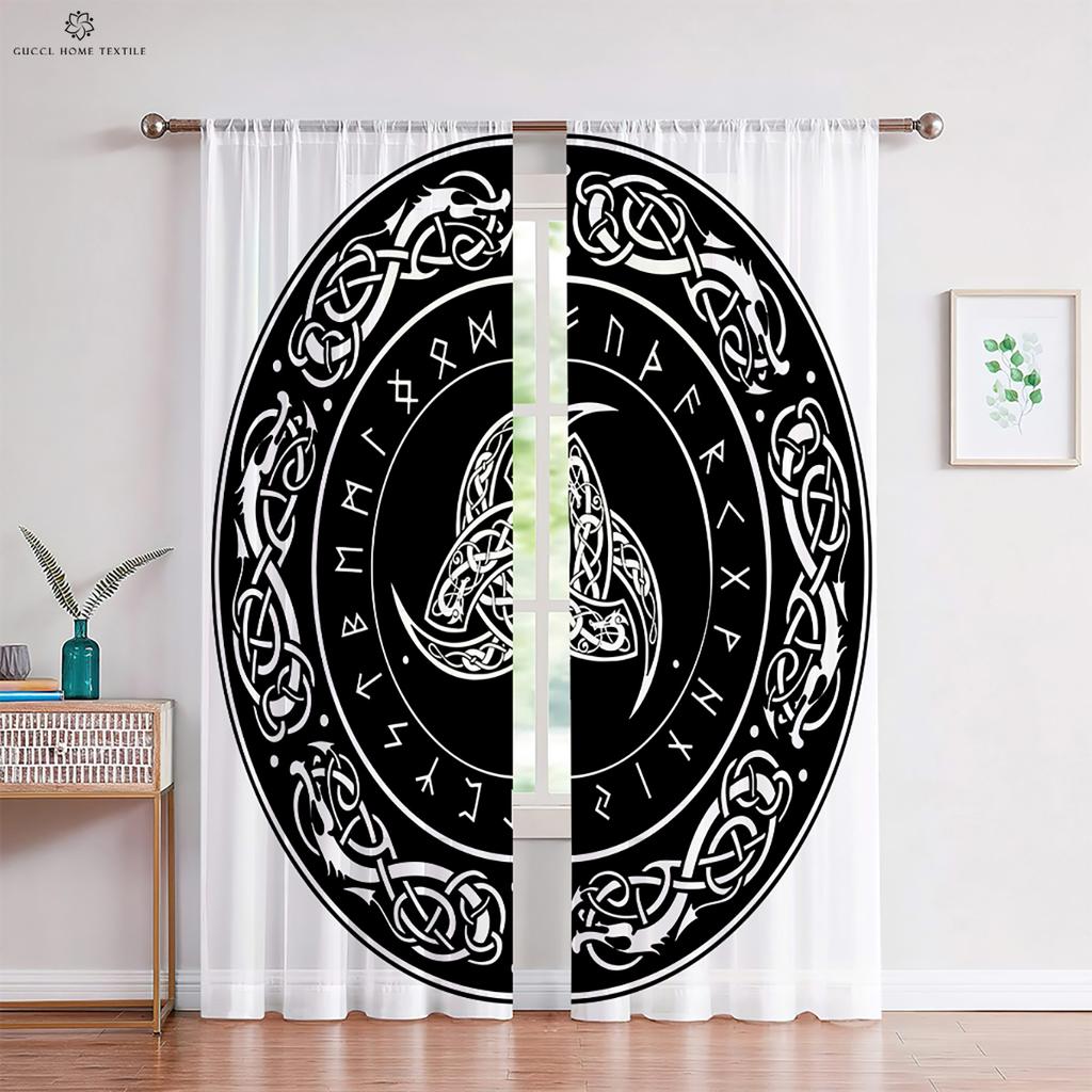 Personalized Rune Shield Three D Printing Curtain Rod Pocket Ornamental Drapes Retro Pattern Bed Room Living Area Kitchen Area